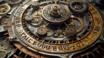 Obraz premium conceptual art piece depicting a budget as a large, intricate clockwork, with each cog and wheel meticulously labeled with budget terms