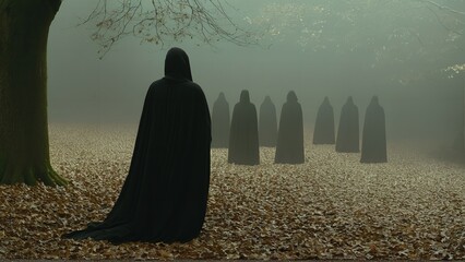 Generative AI, Hooded figures walking through a misty forest, symbolizing spiritual pilgrimage, reflection, and the solemnity of religious devotion.