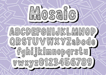 Cute Outline Alphabet and Number with Mosaic Line inside. Letter design for decoration. Message 'Mosaic' on top.  Vector Illustration about lettering.