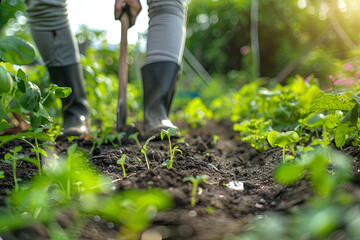 Gardener digging and planting in garden, effort in maintaining healthy environment