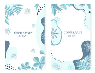 Set of vector winter backgrounds with snowflakes and place for text. Vertical cards with snowflakes and abstract image.