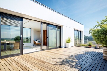 Casa moderna minimalista con una terraza y con un piso de madera.