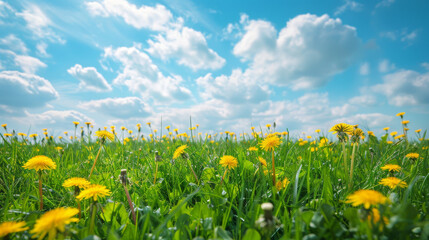A beautiful field of grass and yellow dandelions against a blue sky with clouds. The field is perfect for a springtime or summer picnic.