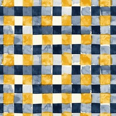 Fototapeta premium Watercolor navy and mustard gingham seamless repeating pattern, minimal pattern, high contrasty 