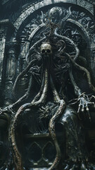 A skeletal figure sits on an ornate throne made of twisted branches and vines, symbolizing corruption, power, decay, and the supernatural. The ominous atmosphere suggests a sense of fear and dread.