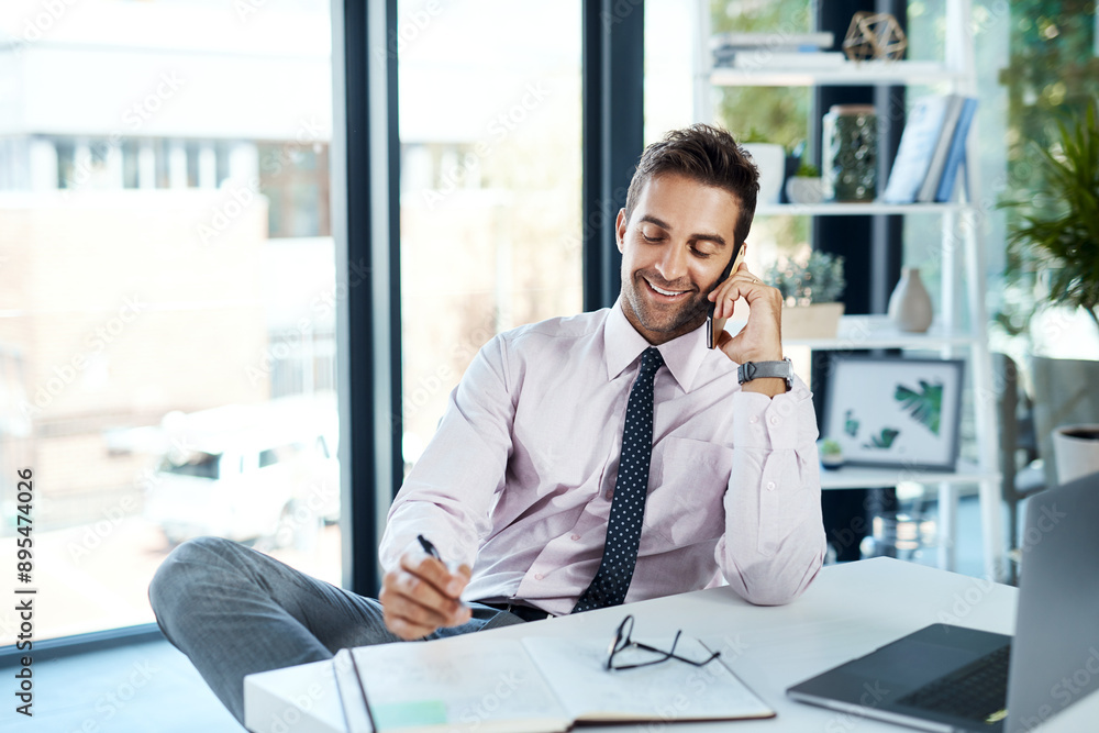 Poster phone call, smile and writing with financial advisor man in office for communication or trading. lap
