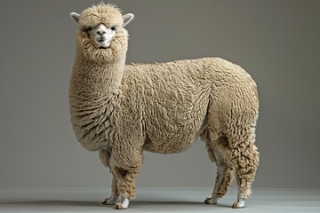 Fototapeta premium A Fluffy Alpaca Stands In Front Of A Gray Background. Generative AI