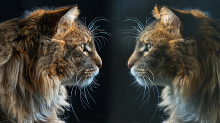 A cat gazes at its reflection, imagining itself as a majestic lion. The reflection symbolizes its inflated self-esteem or a yearning to be more.