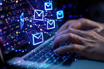 Fototapeta premium Digital envelopes and glowing lines on dark blue tech backdrop icons floating around. Email marketing etwork connections and data transfer icons communication and technology concept 