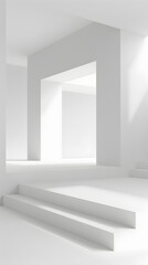 A minimalist white interior with clean, sharp lines, multiple levels, and large open rectangular archways, sunlight casting soft shadows, creating a serene and spacious atmosphere.