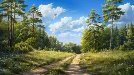 Forest-edge sandy path, summer's blue sky