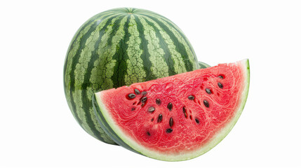 A perfectly round and juicy watermelon with a slice cut out, revealing the red flesh and black seeds, on a white background