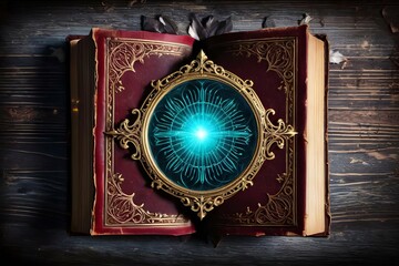 abstract glowing Magic old book wooden background