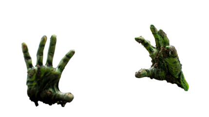 Two green zombie hands emerging from the ground, set against a black background. The eerie, decayed appearance creates a spooky and horror-themed atmosphere.
