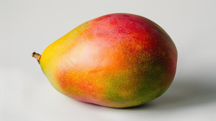A ripe mango with its golden-yellow skin on a white background, highlighting its smooth surface