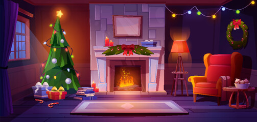 Cozy living room interior with Christmas tree, holy on fireplace with flame and garland decoration. Xmas home with armchair and lamp, carpet on floor and window with curtain, tea table and bookcase.