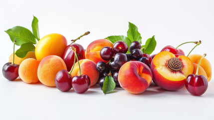 A selection of stone fruits such as peaches, plums, and cherries against a clean white background