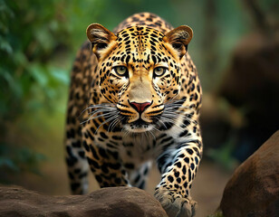 Fototapeta premium leopard in the wild. looks at the camera.