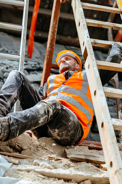 Accident and injury on construction site. Safety first concept. Worker unconscious after falling from ladder