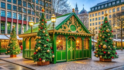 Fototapeta premium Vibrant green festive pop-up hut adorned with golden accents and ornaments situated in a bustling city square surrounded by trees.