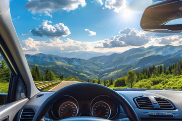 Front view of the inside car, driving on an asphalt road in summer through green forests and mountains with snow-capped peaks in sunny weather. The interior is visible from behind the steering wheel. 