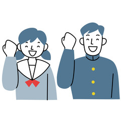 ガッツポーズをする女子学生と男子学生の上半身セット