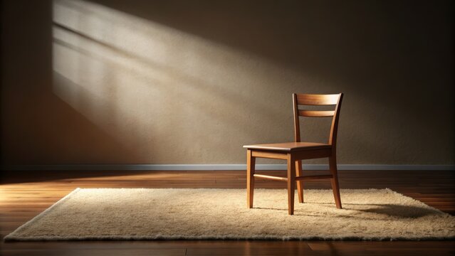 A serene empty wooden chair on a pristine mat in a dimly lit room with subtle warm tones and soft shadows.
