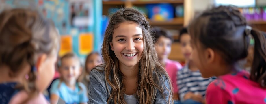 Teacher sitting with a small group of students, offering personalized assistance with their drawing assignments