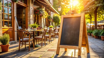 Chalkboard sign stands alone in front of eclectic cafe, awaiting menu scribbles on a sunny afternoon with warm wooden tones.
