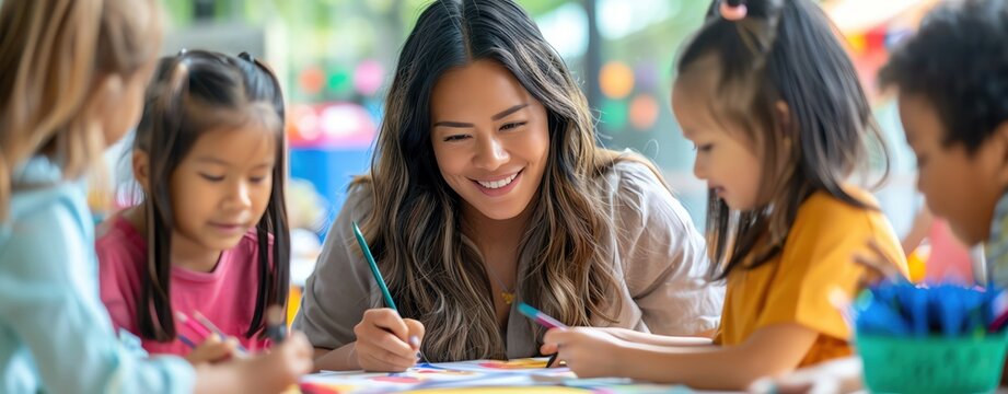 Teacher sitting with a small group of students, offering personalized assistance with their drawing assignments