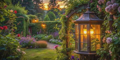 Enchanting scene of a lush garden view with lantern and decorated window at dusk, creating a magical atmosphere, garden, enchanting