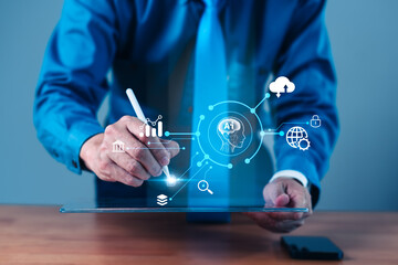 Smart Assistant: Man Uses AI Brain on Tablet for Business