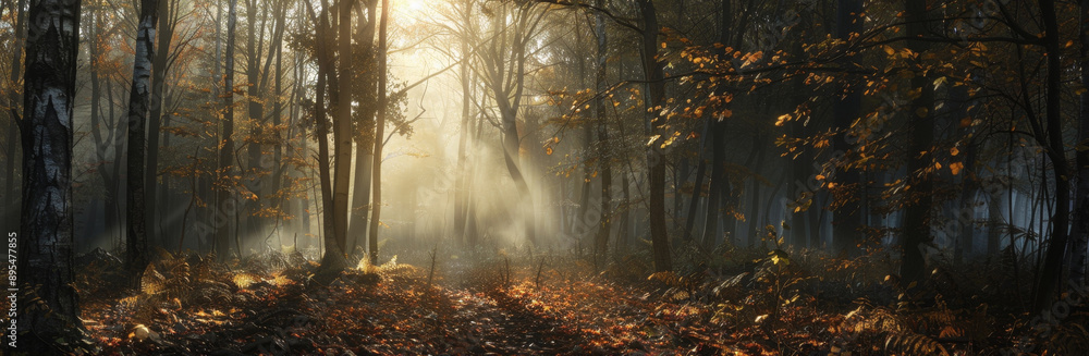 Poster a serene forest path is illuminated by sunbeams breaking through the fog, creating a sense of myster
