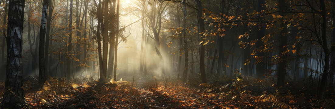 A serene forest path is illuminated by sunbeams breaking through the fog, creating a sense of mystery and wonder. The trees stand tall and majestic, while the fallen leaves add a touch of autumnal bea