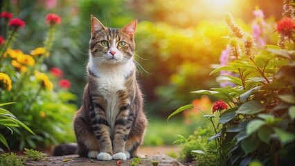 Cat sitting peacefully in a lush garden , Cat, garden, peaceful, relaxing, nature, outdoor, feline, animal, pet, green
