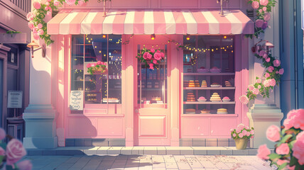 Cute and charming street cafe shop. Anime illustration.