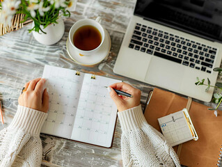High resolution image of a person planning their productive week using a calendar,