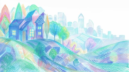 A minimalist real estate illustration featuring a simple line drawing of a house on the left and a city skyline on the right The clean design