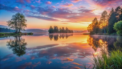 Serenity at dawn with a lake reflecting the first light, showcasing the calm of nature's morning grace, serenity, dawn