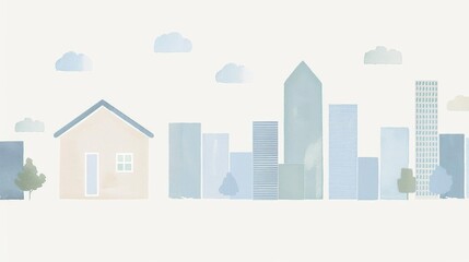 A modern real estate graphic with a line drawing of a house on the left and a detailed city skyline on the right The blue and white color scheme