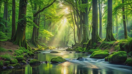 Obraz premium Lush green forest with towering trees and a fresh flowing stream, nature, trees, foliage, landscape, beauty