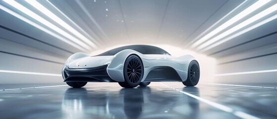 A futuristic 3D car object displayed in a minimalistic environment with a clear and spacious background The car's advanced design and aerodynamic features are accentuated by the strategic lighting