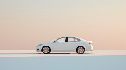 A detailed 3D rendering of a compact car positioned in the center of a plain background with extensive copy space The car features a sleek and modern design with well-defined lines and a glossy