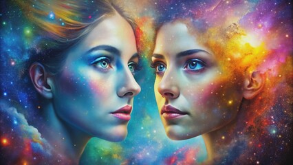 Obraz premium Two faces in colorful, starry background displaying curiosity and wonder, curiosity, wonder, faces, colorful