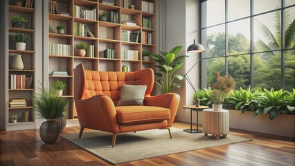 Obraz premium Cozy living room with large orange chair, plants, books, and rug , cozy, living room, orange chair, plants, books
