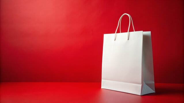 Crisp white shopping bag standing upright on a bold red background, empty and waiting to be filled with goodies.