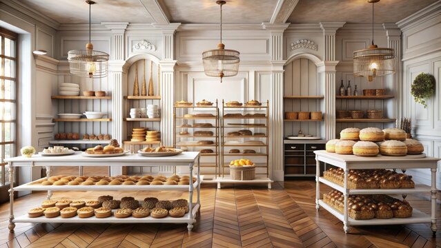 Whimsical illustration of a classic bakery interior with vintage baker's racks, wooden accents, and ornate moldings in white outline.
