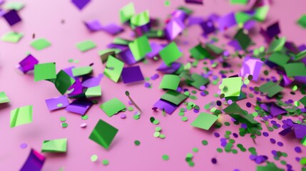 Neon green and purple confetti on a pastel pink gradient delivering a playful touch Great for party invitations festive decorations or youthful digital artwork