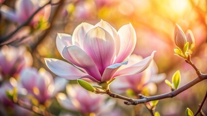 Delicate petals unfurl from tender bud, soft pink hues illuminate velvety texture, elegant magnolia blossom sways gently in morning light.