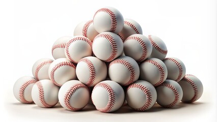 A vibrant baseball pyramid with red stitching sits atop a clean white background, surrounded by scattered baseballs of varying sizes.